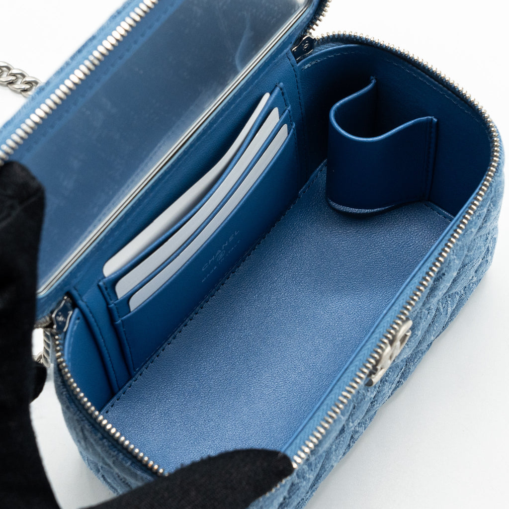 CHANEL COCO LOVE LONG VANITY CASE DENIM CAMELIA BLUE SHW (MICROCHIP)