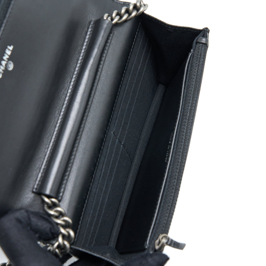 CHANEL BOY WALLET ON CHAIN CAVIAR BLACK RUTHENIUM HARDWARE (MICROCHIP)