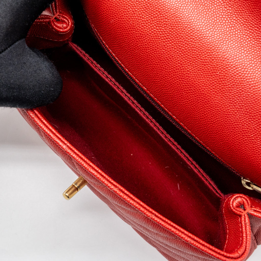 CHANEL SMALL COCO HANDLE CHEVRON CAVIAR RED BRUSHED GHW