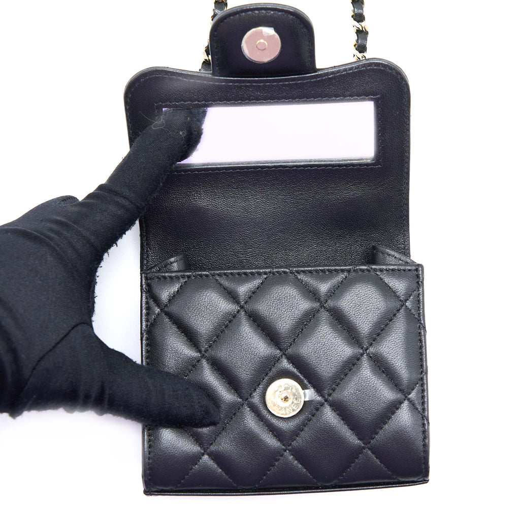 CHANEL TOP HANDLE MINI FLAP CHAIN BAG LAMBSKIN BLACK LGHW