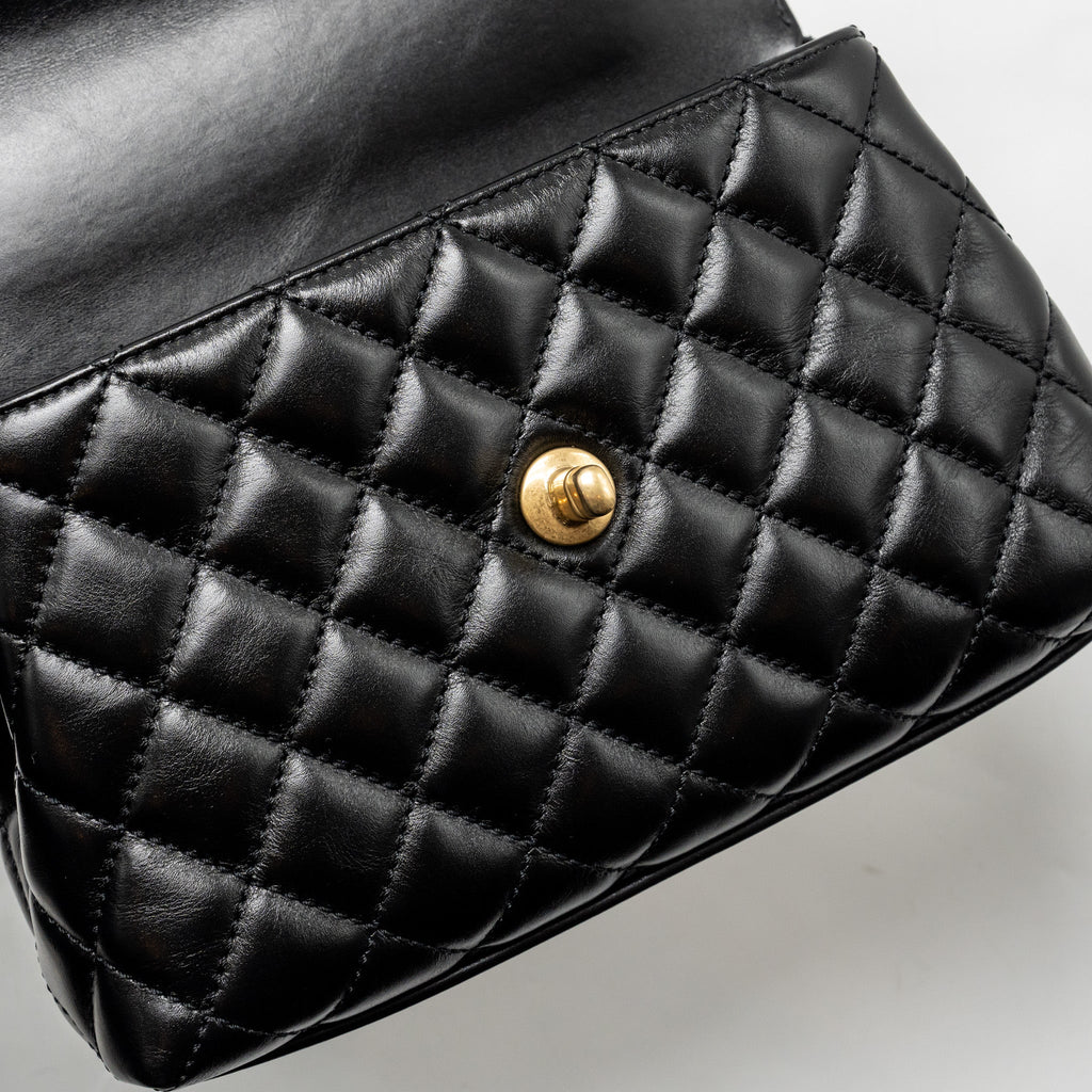 CHANEL DETAILED METAL HANDLE SMALL COCO HANDLE FLAP BAG CALFSKIN BLACK GHW (MICROCHIP)