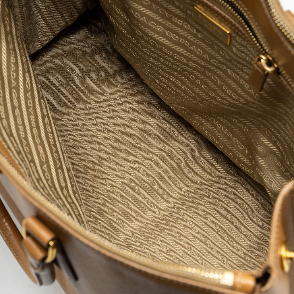 PRADA X LARGE DOUBLE ZIP TOTE BAG SAFFIANO CALFSKIN CARAMEL GHW