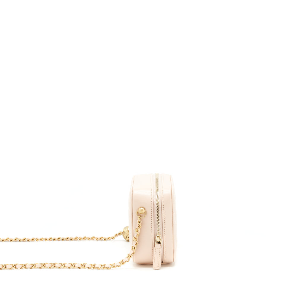 CHANEL PEARL CRUSH MINI CAMERA CASE WITH CHAIN LAMBSKIN LIGHT BEIGE GHW