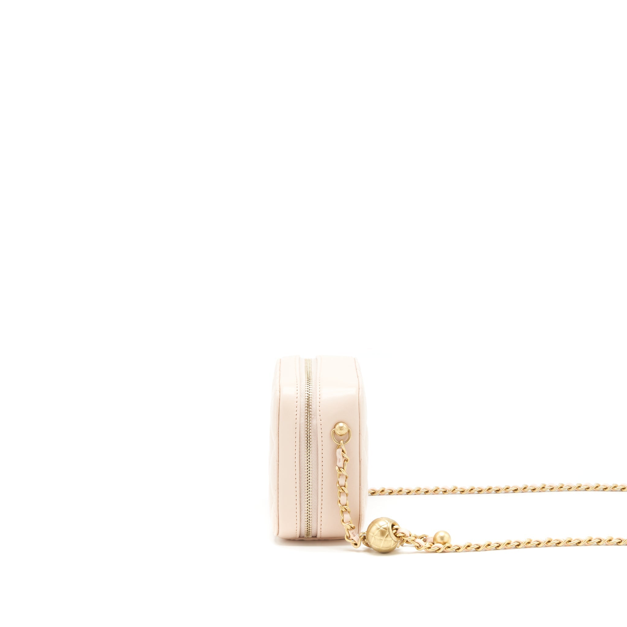CHANEL PEARL CRUSH MINI CAMERA CASE WITH CHAIN LAMBSKIN LIGHT BEIGE GHW
