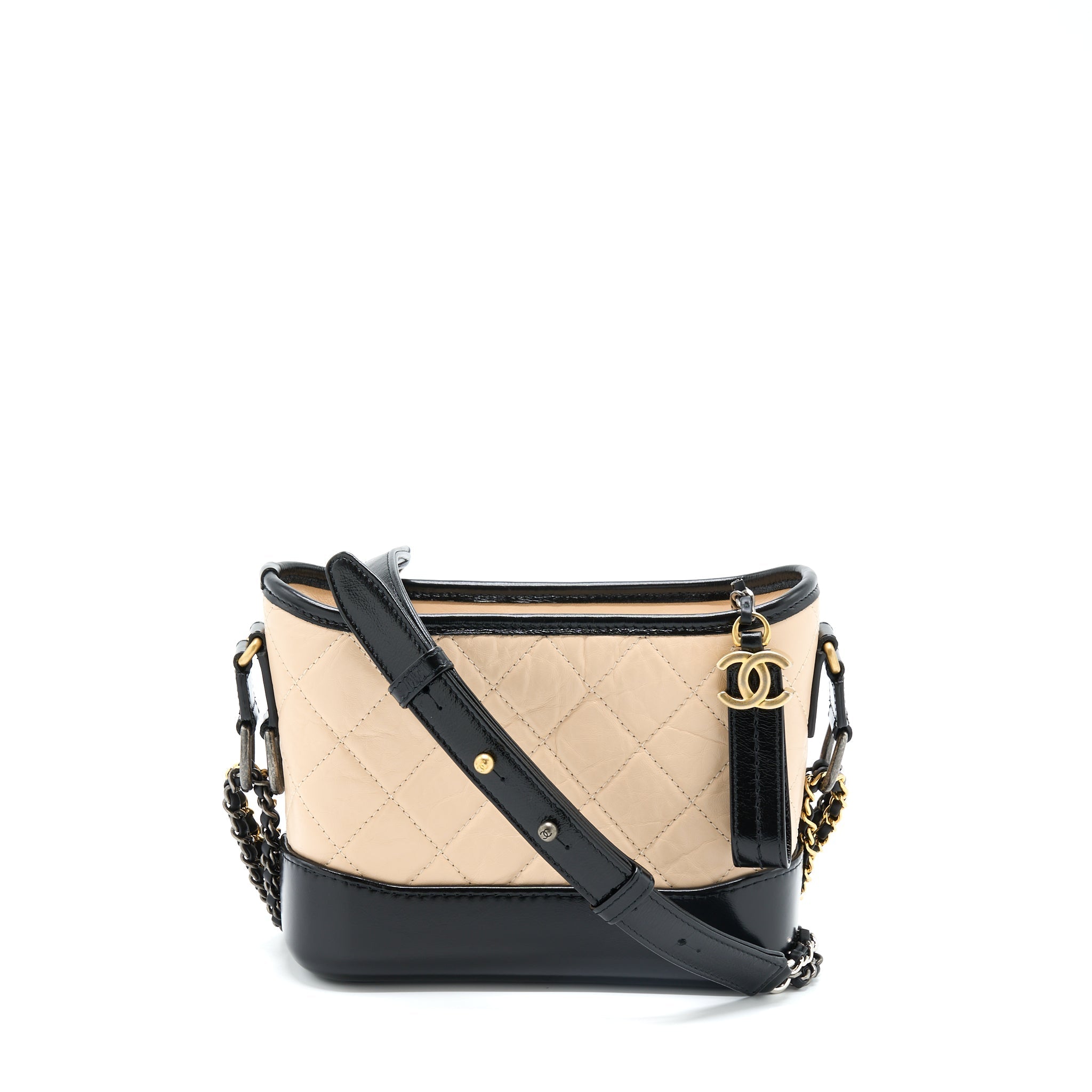 CHANEL SMALL GABRIELLE HOBO BAG AGED CALFSKIN LIGHT BEIGE/BLACK MULTICOLOUR HARDWARE