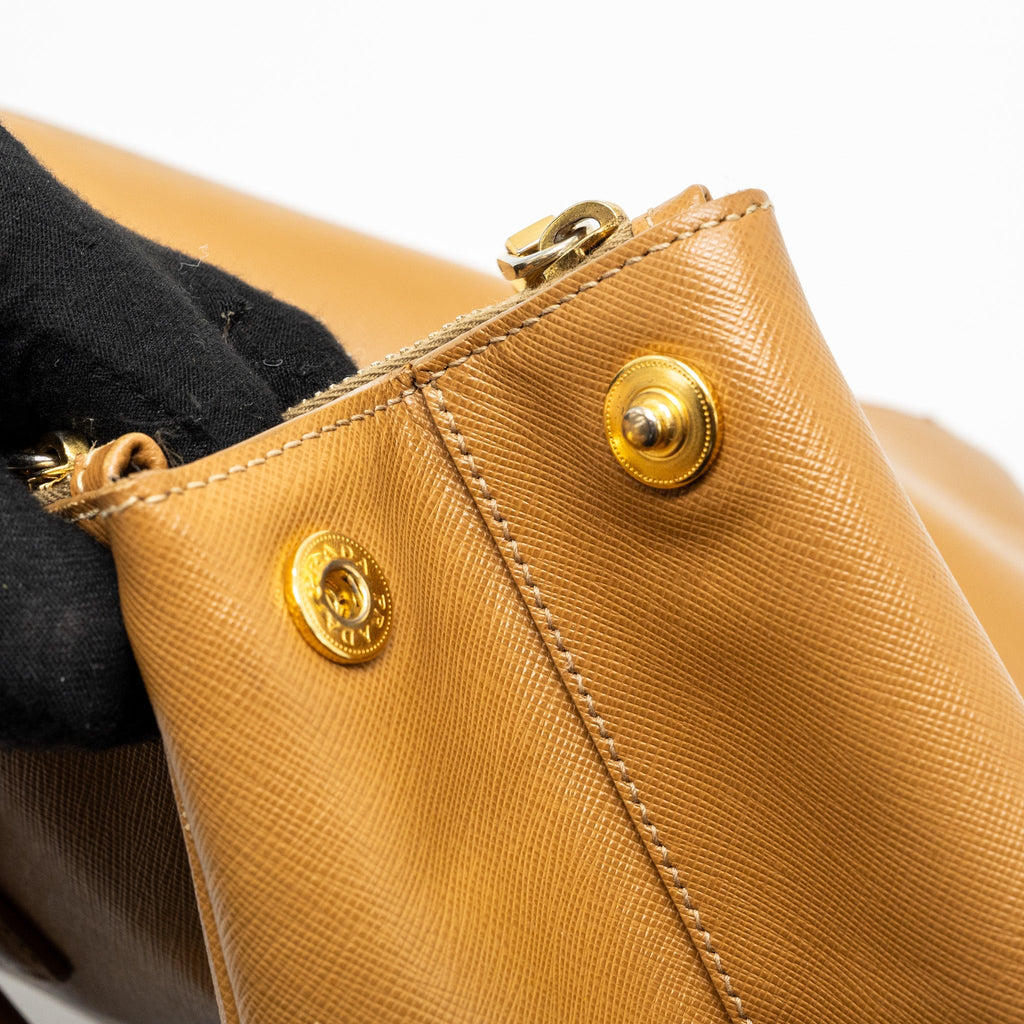 PRADA X LARGE DOUBLE ZIP TOTE BAG SAFFIANO CALFSKIN CARAMEL GHW