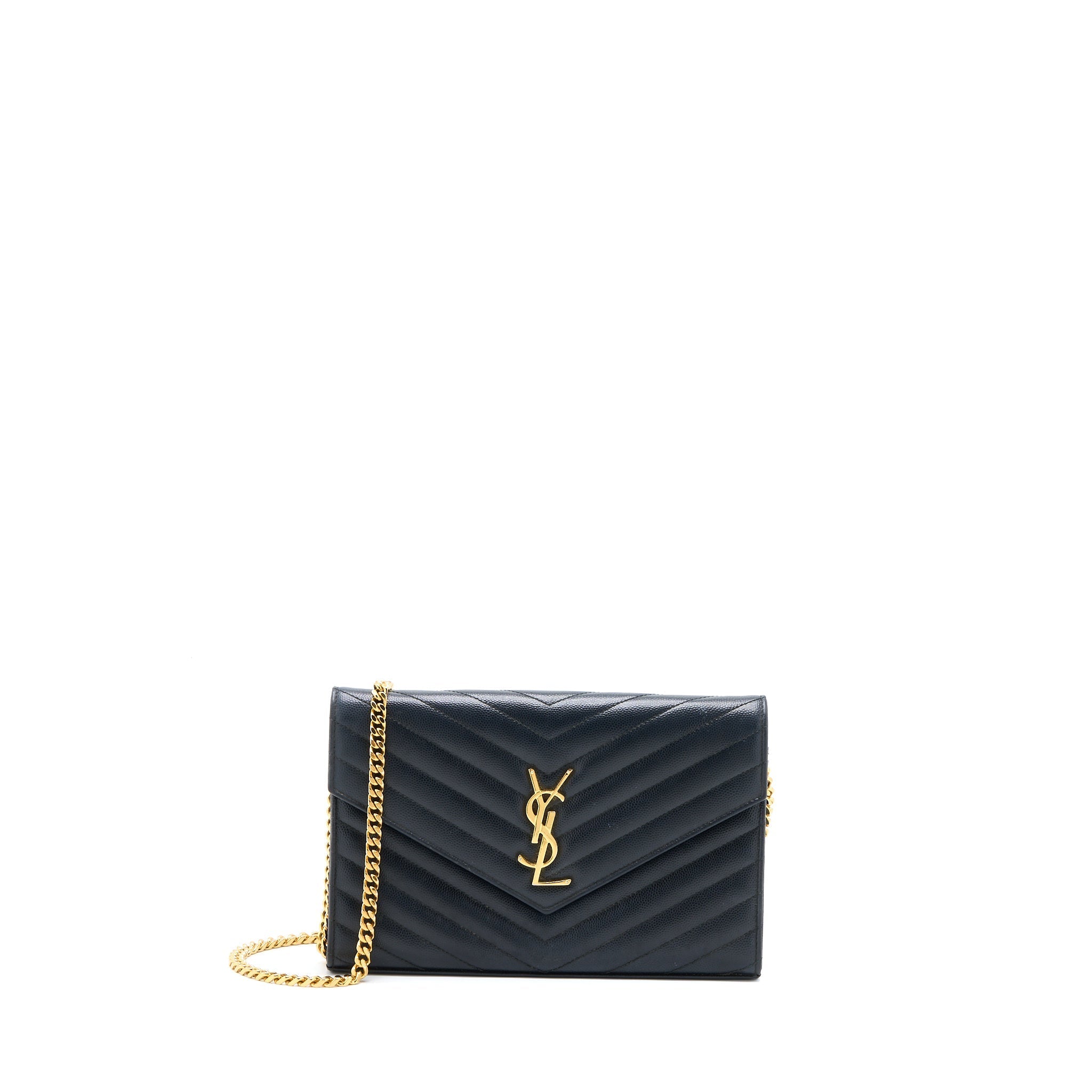 SAINT LAURENT/YSL CASSANDRA MATELASSE ENVELOPE CHAIN WALLET GRAINED CALFSKIN BLACK GHW