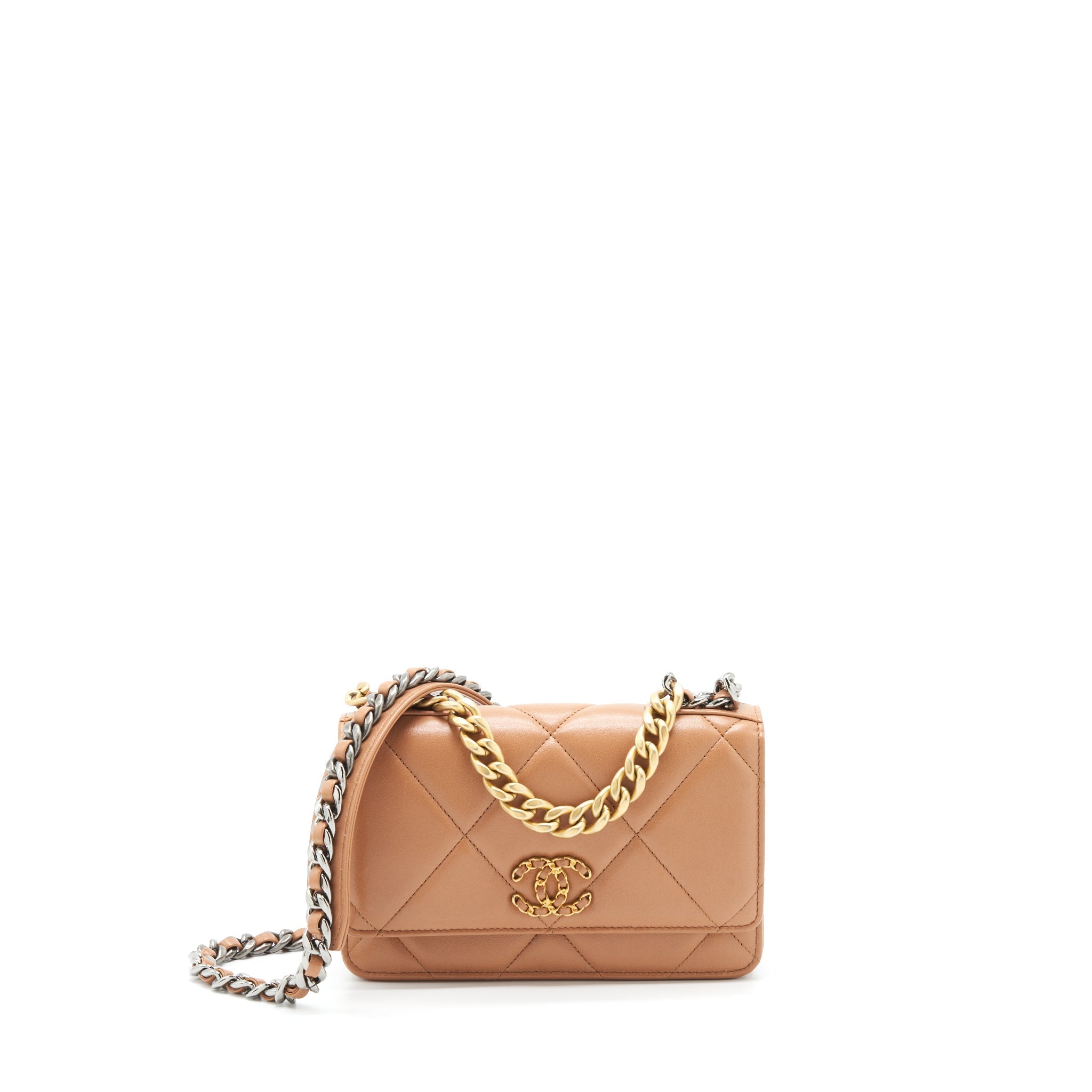 CHANEL 19 WALLET ON CHAIN LAMBSKIN DARK BEIGE GHW