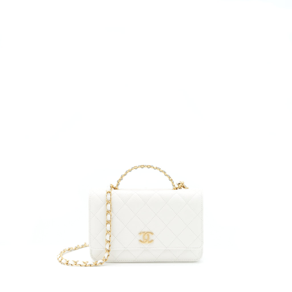 CHANEL 22S LOGO TOP HANDLE WALLET ON CHAIN CAVIAR WHITE GHW