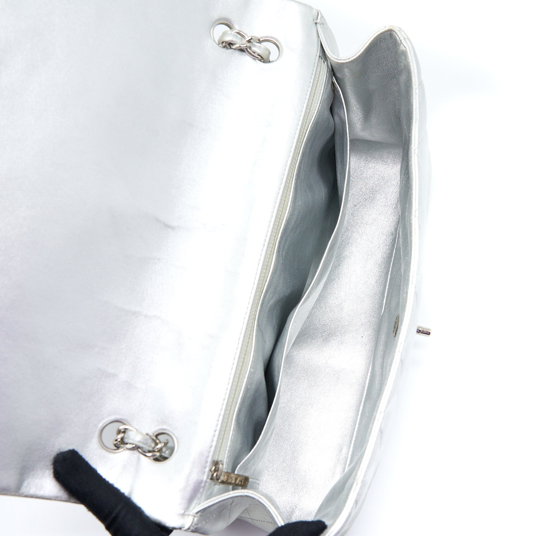 CHANEL MAXI CLASSIC SINGLE FLAP BAG LAMBSKIN SILVER SHW
