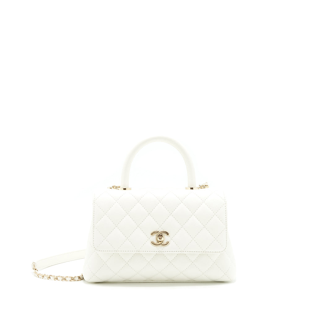 CHANEL SMALL COCO HANDLE CAVIAR WHITE LGHW (MICROCHIP)