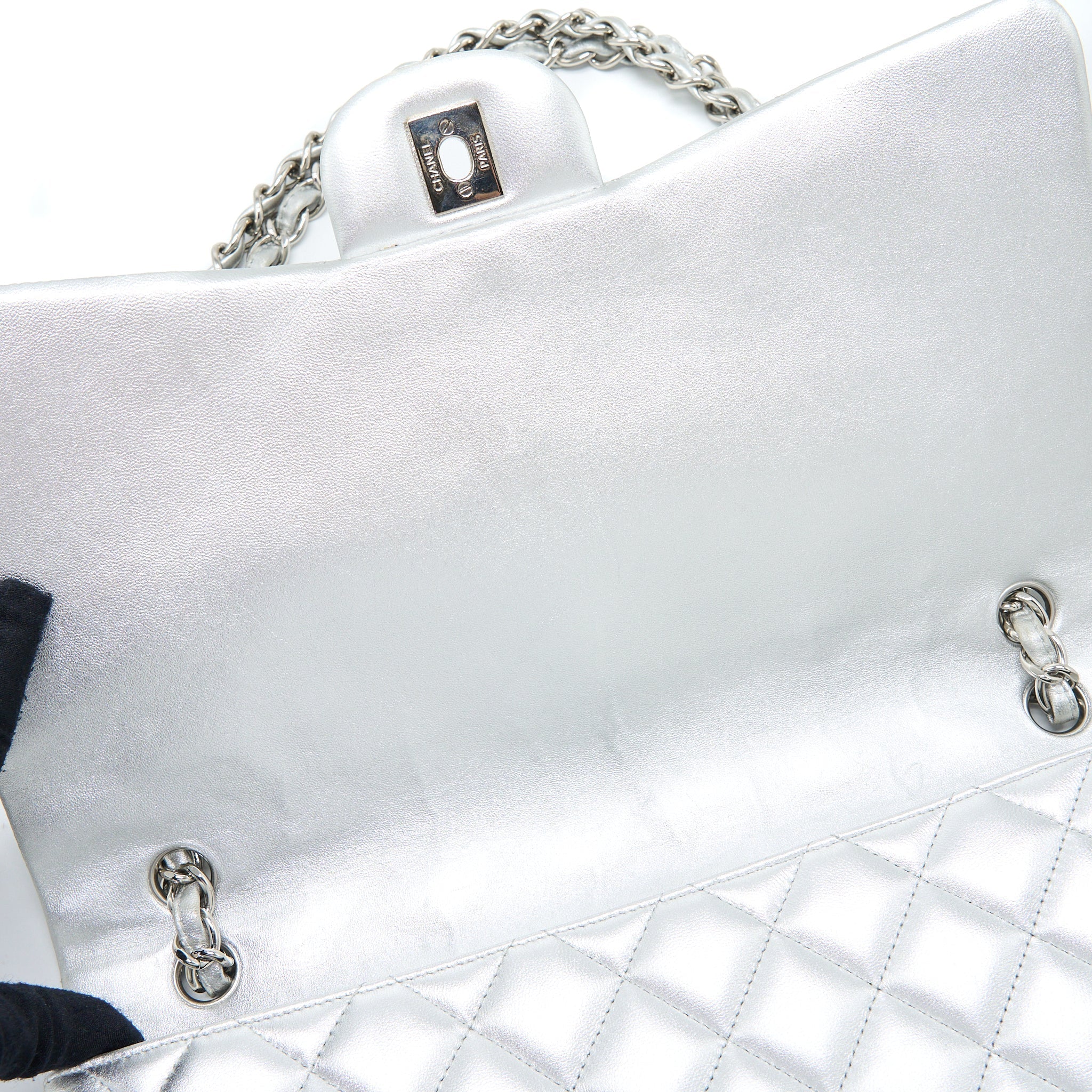 CHANEL MAXI CLASSIC SINGLE FLAP BAG LAMBSKIN SILVER SHW