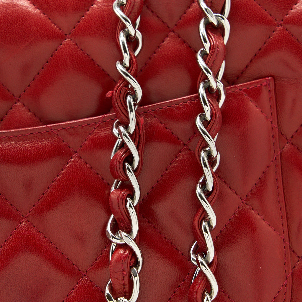 CHANEL CLASSIC JUMBO SINGLE FLAP BAG LAMBSKIN RED SHW
