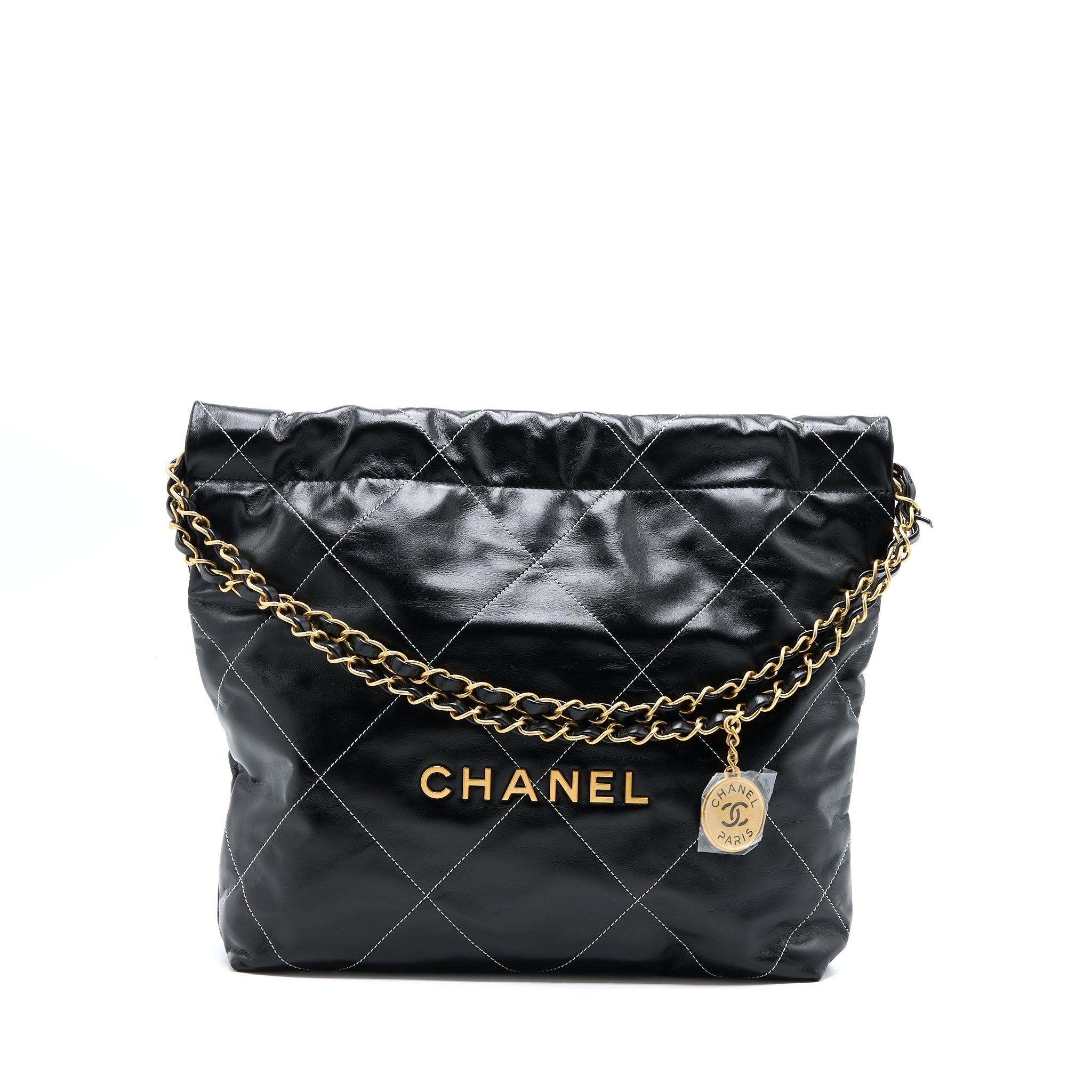 CHANEL SMALL 22 BAG GOLD LETTER SHINY CALFSKIN BLACK GHW (MICROCHIP)