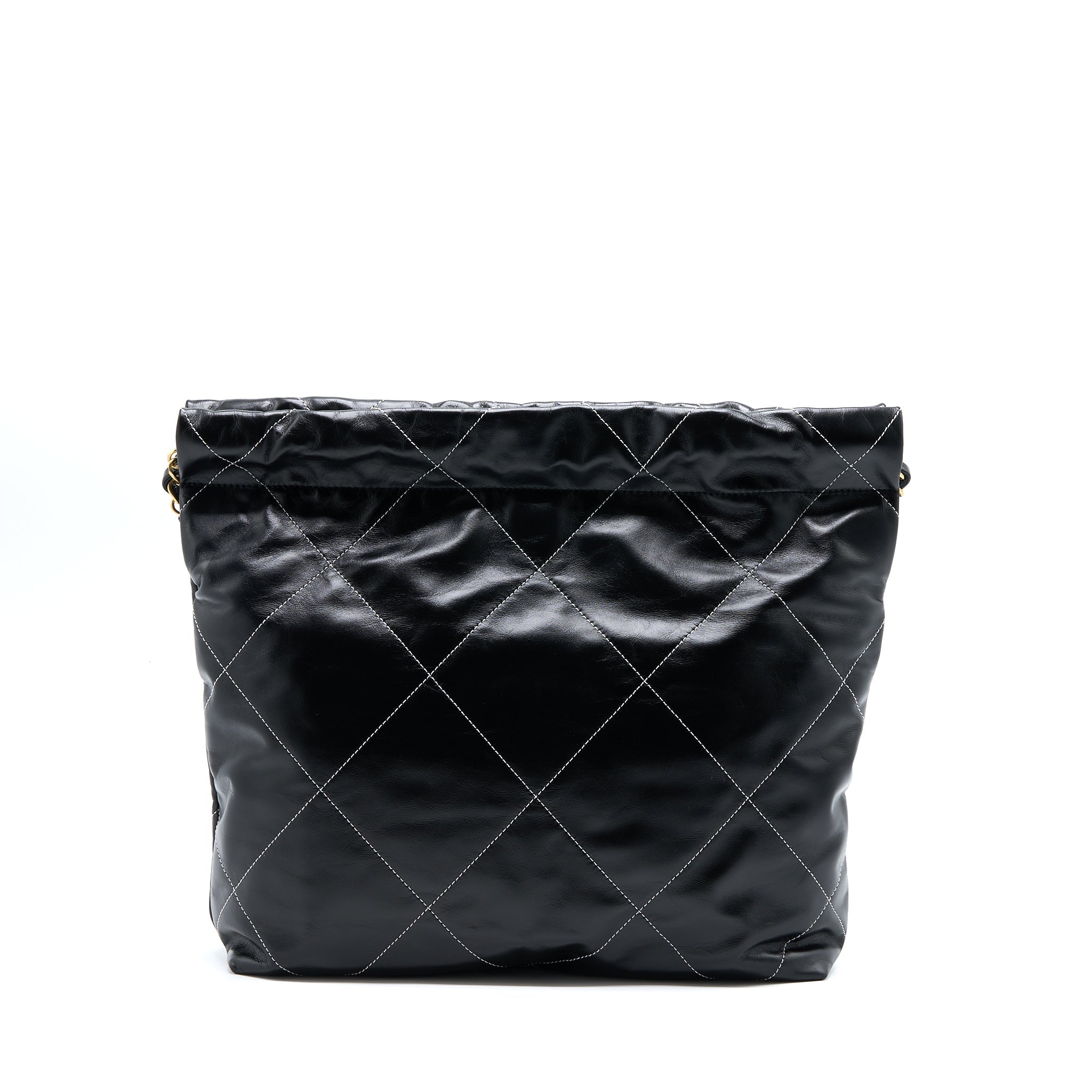 CHANEL SMALL 22 BAG GOLD LETTER SHINY CALFSKIN BLACK GHW (MICROCHIP)