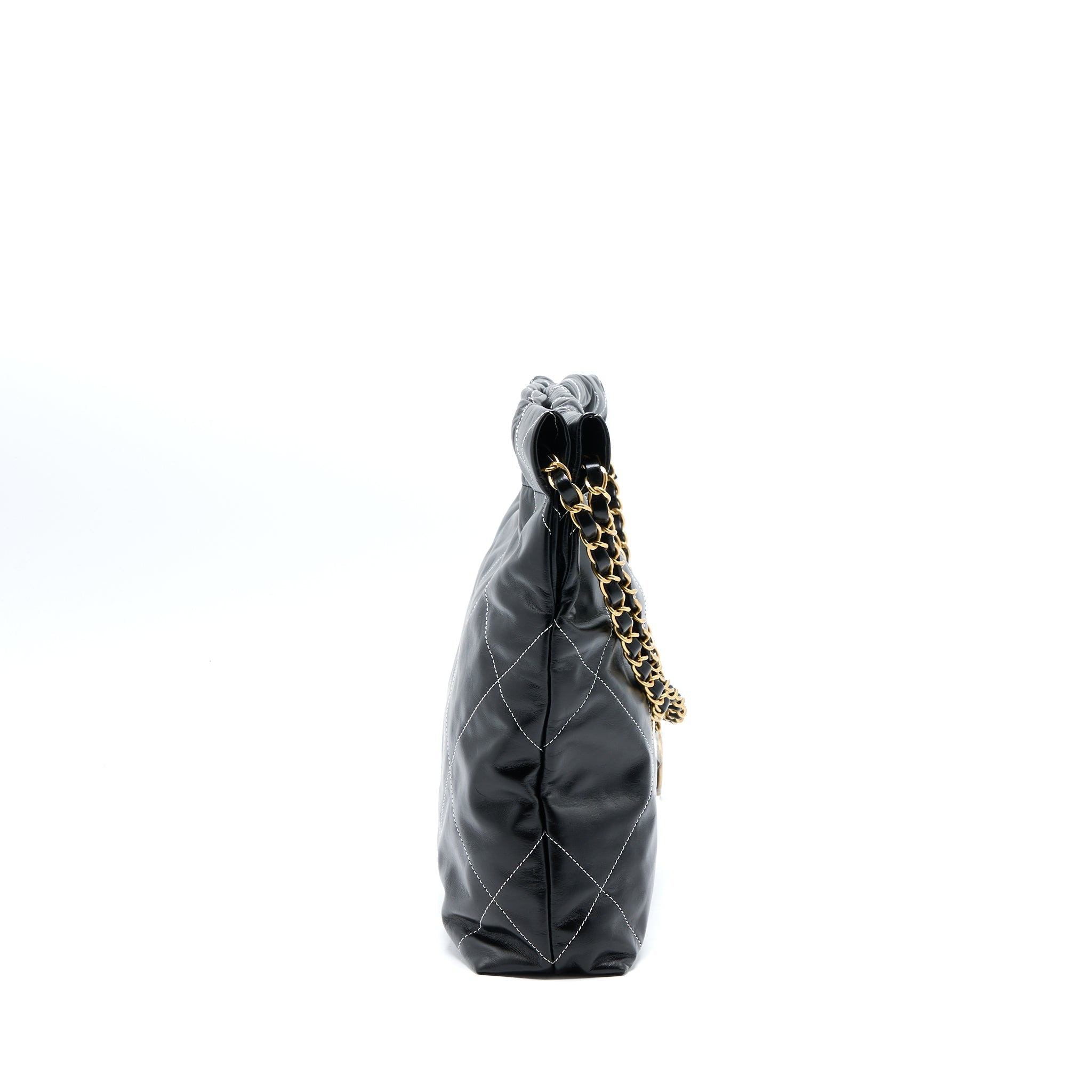 CHANEL SMALL 22 BAG GOLD LETTER SHINY CALFSKIN BLACK GHW (MICROCHIP)