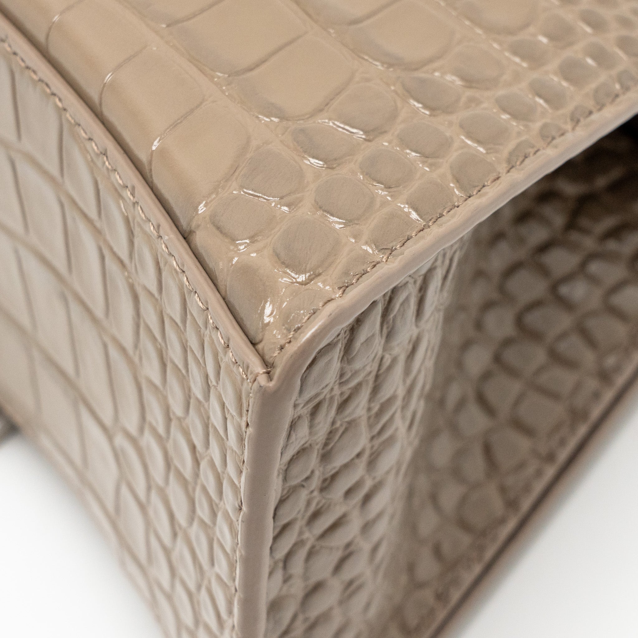 BALENCIAGA SMALL HOURGLASS BAG CROC-EMBOSSED CALFSKIN DARK BEIGE SHW