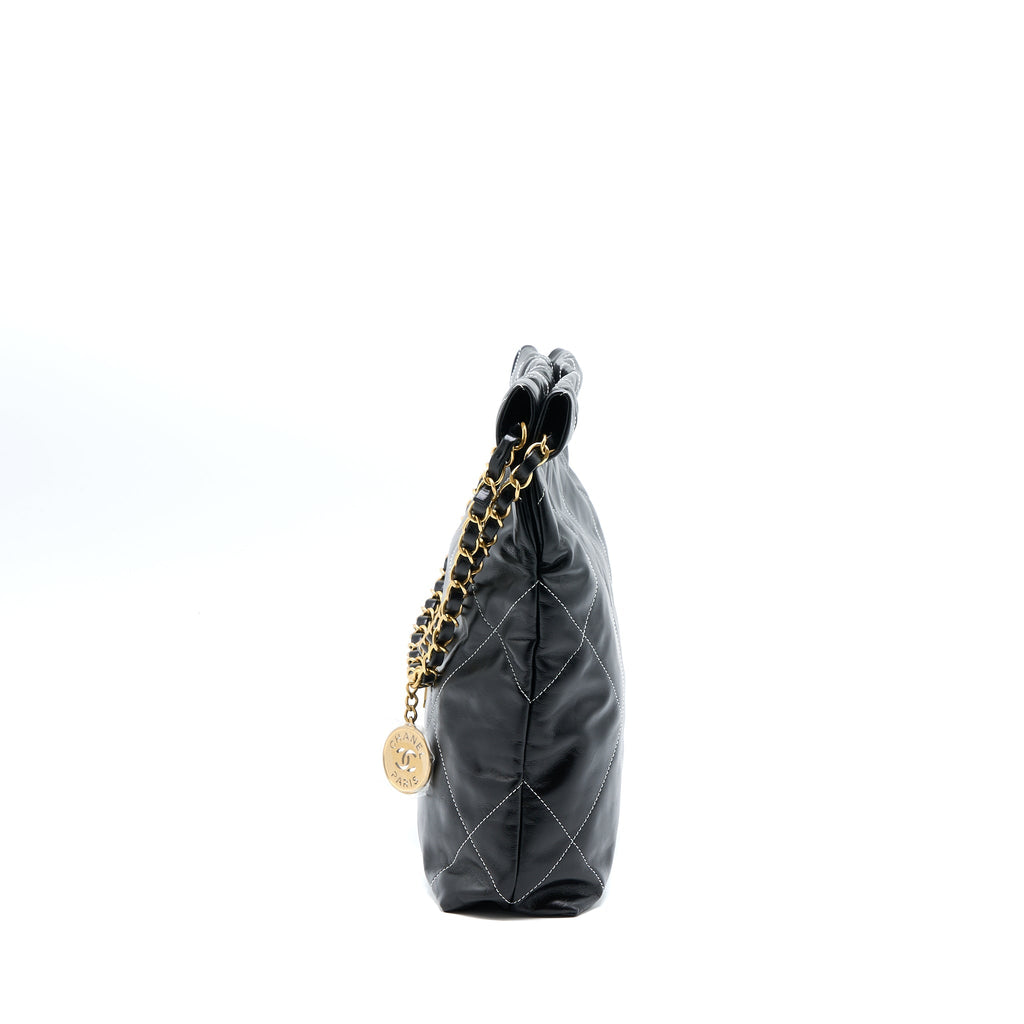 CHANEL SMALL 22 BAG GOLD LETTER SHINY CALFSKIN BLACK GHW (MICROCHIP)