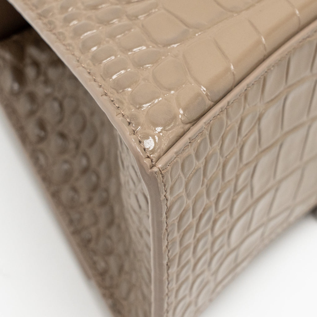BALENCIAGA SMALL HOURGLASS BAG CROC-EMBOSSED CALFSKIN DARK BEIGE SHW