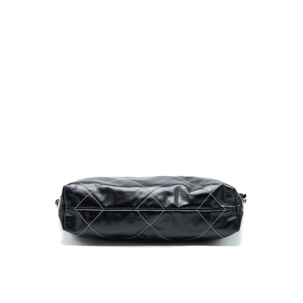 CHANEL SMALL 22 BAG GOLD LETTER SHINY CALFSKIN BLACK GHW (MICROCHIP)