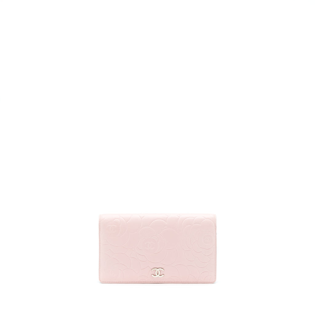 CHANEL CAMELLIA LONG WALLET LAMBSKIN LIGHT PINK/DARK BROWN SHW