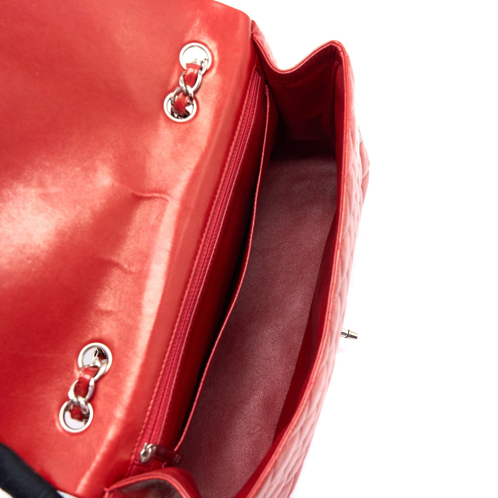 CHANEL CLASSIC JUMBO SINGLE FLAP BAG LAMBSKIN RED SHW