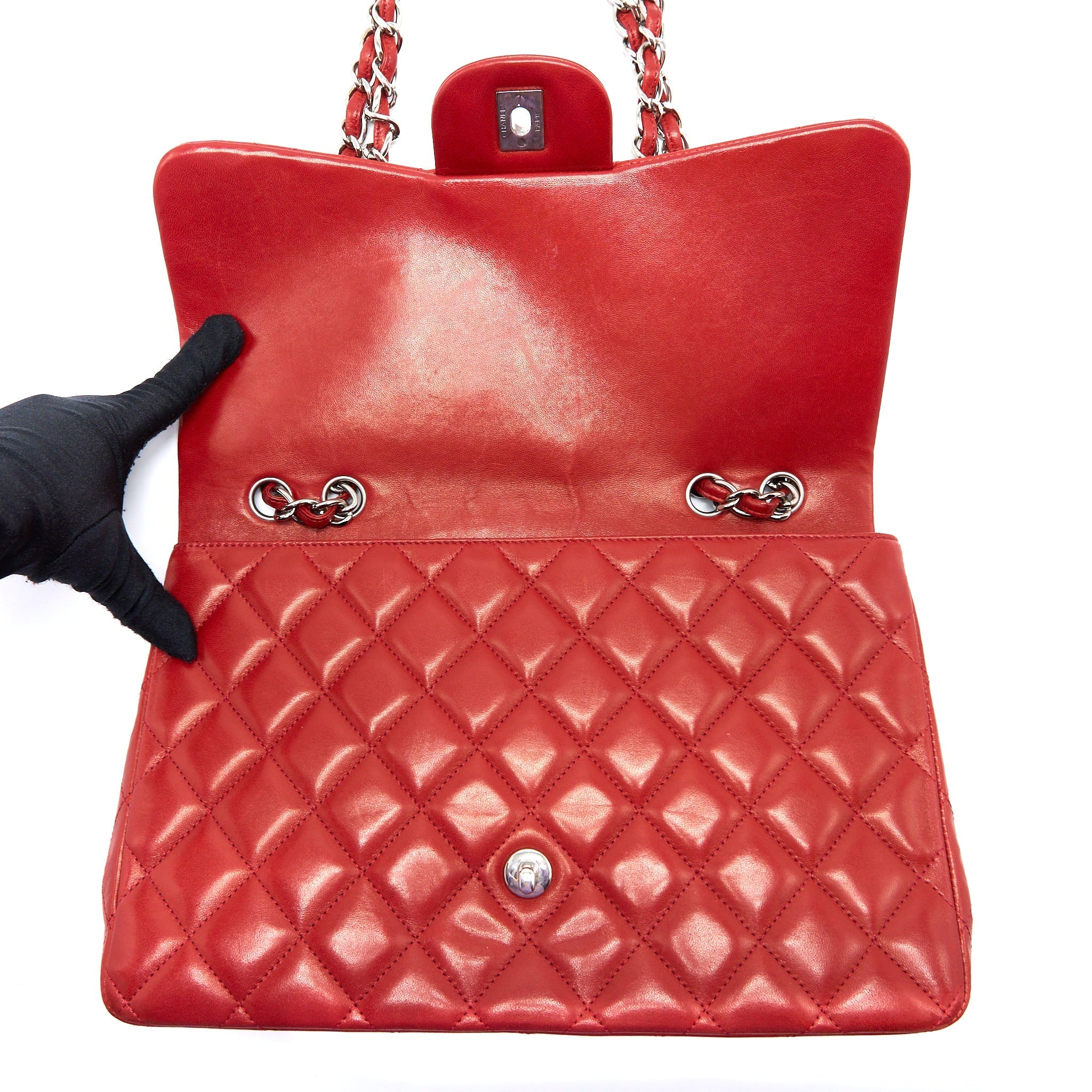 CHANEL CLASSIC JUMBO SINGLE FLAP BAG LAMBSKIN RED SHW