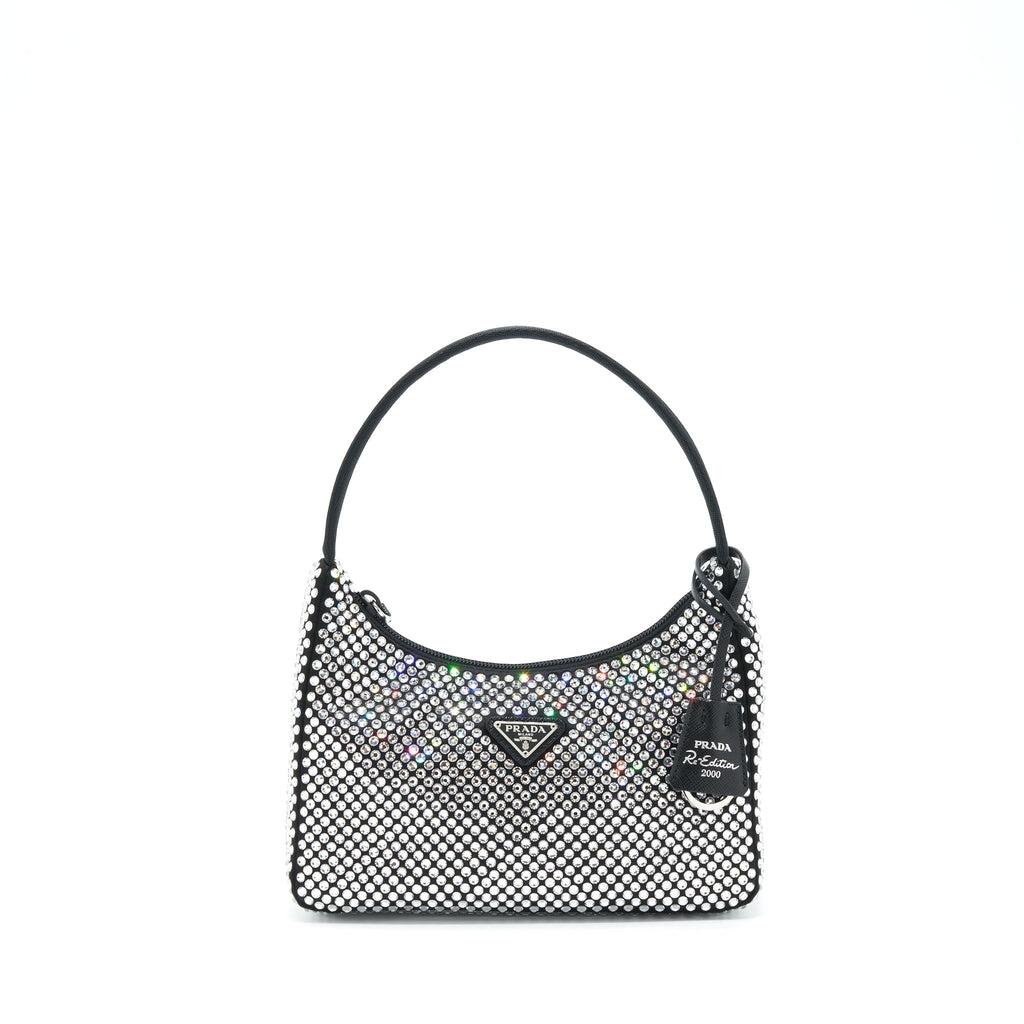 PRADA RE-EDITION 2000 CRYSTAL HOBO BAG NYLON/LEATHER BLACK SHW