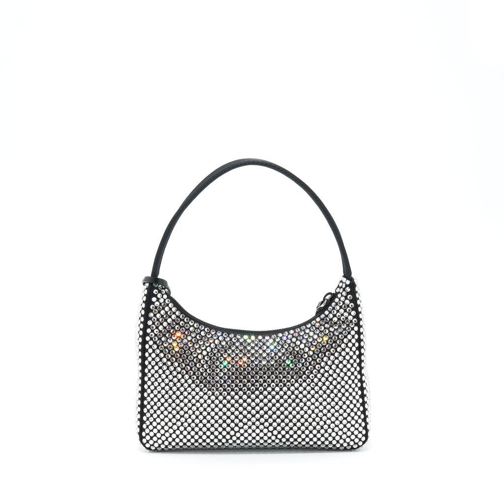PRADA RE-EDITION 2000 CRYSTAL HOBO BAG NYLON/LEATHER BLACK SHW
