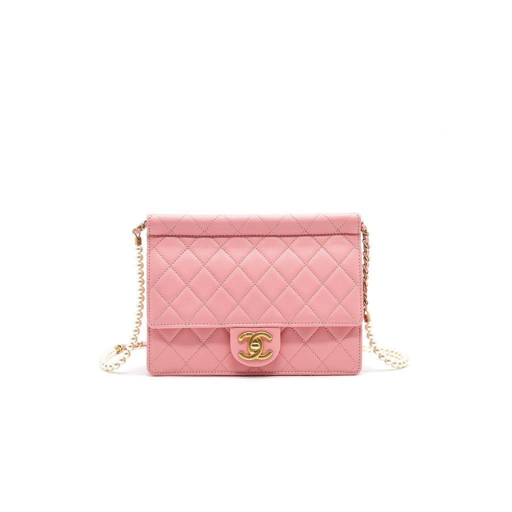 CHANEL QUILTED PEARL CHAIN GOAT SKIN FLAP BAG PINK GHW