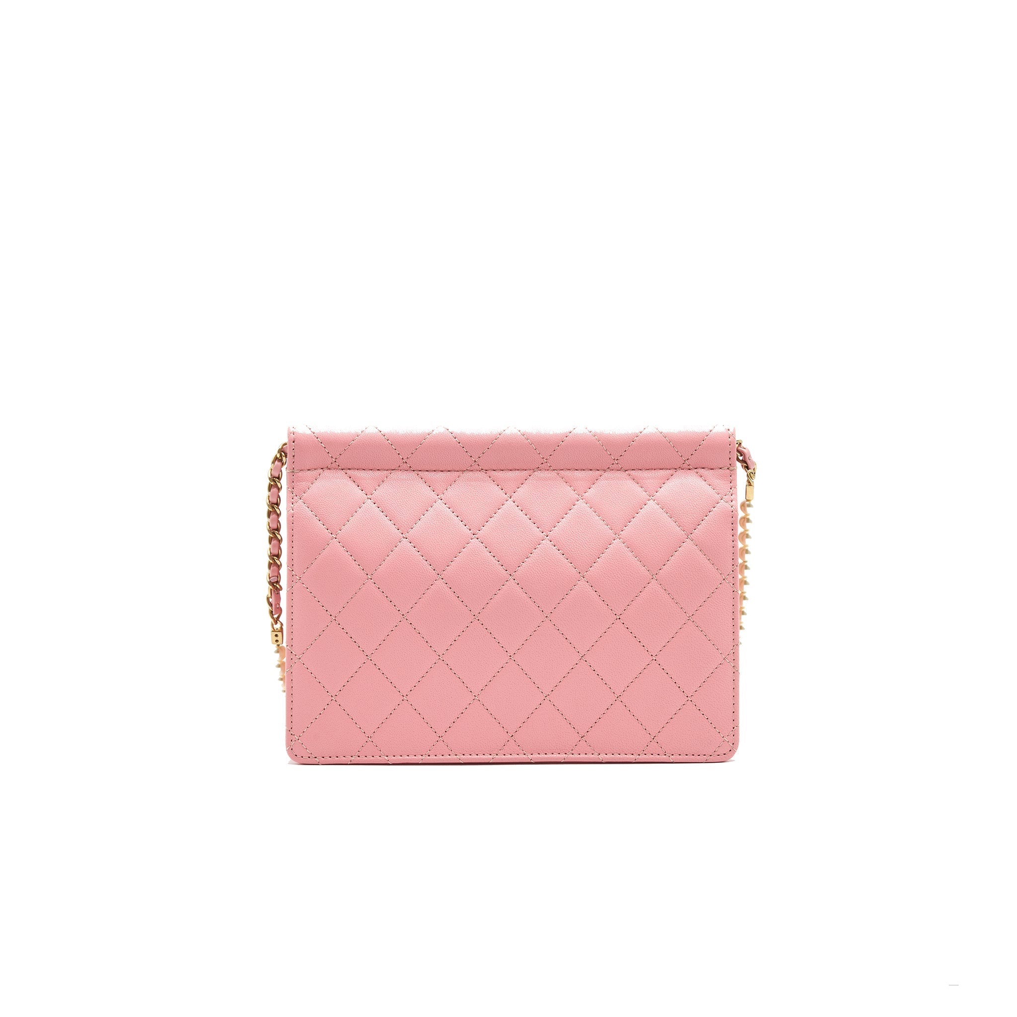 CHANEL QUILTED PEARL CHAIN GOAT SKIN FLAP BAG PINK GHW