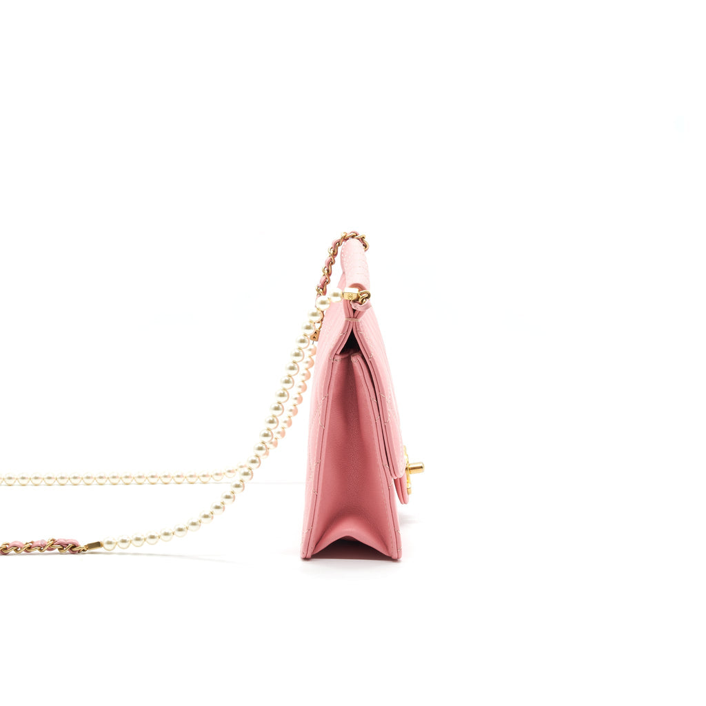 CHANEL QUILTED PEARL CHAIN GOAT SKIN FLAP BAG PINK GHW