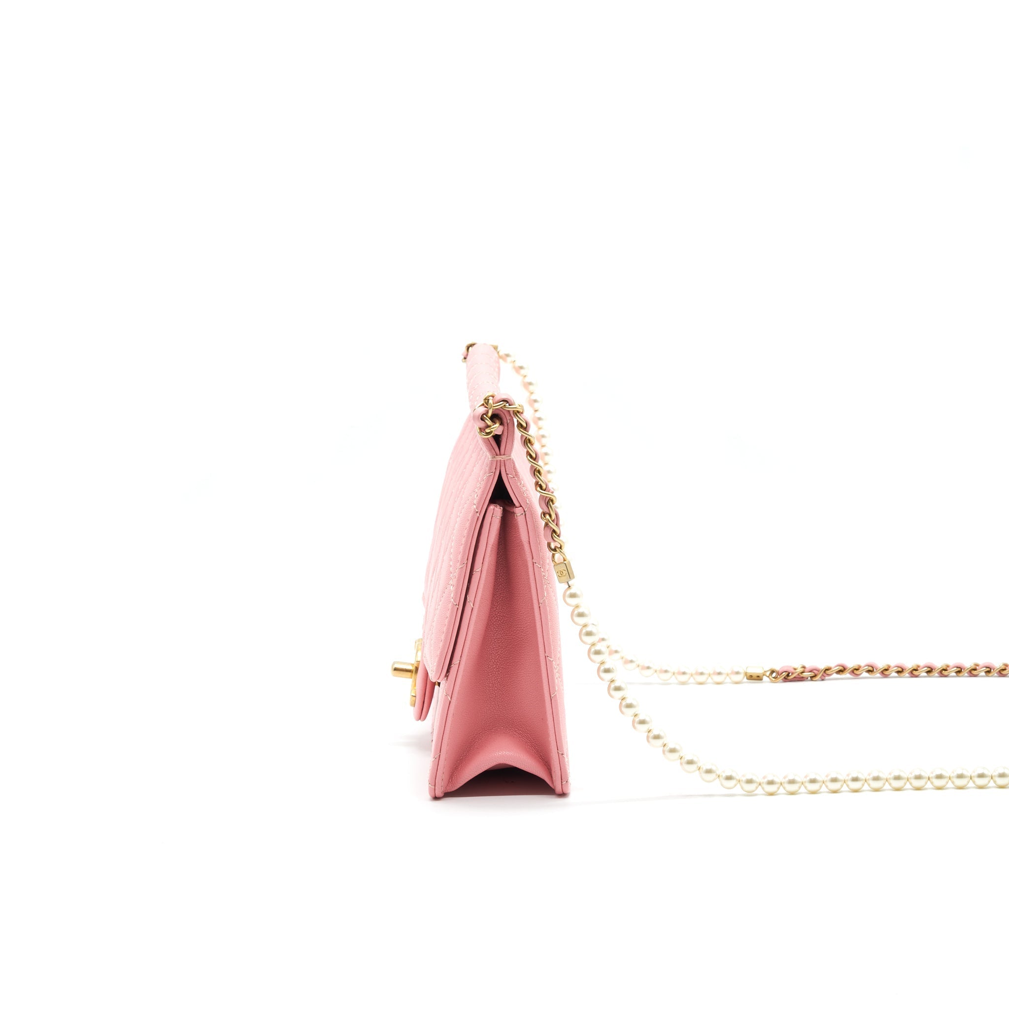 CHANEL QUILTED PEARL CHAIN GOAT SKIN FLAP BAG PINK GHW