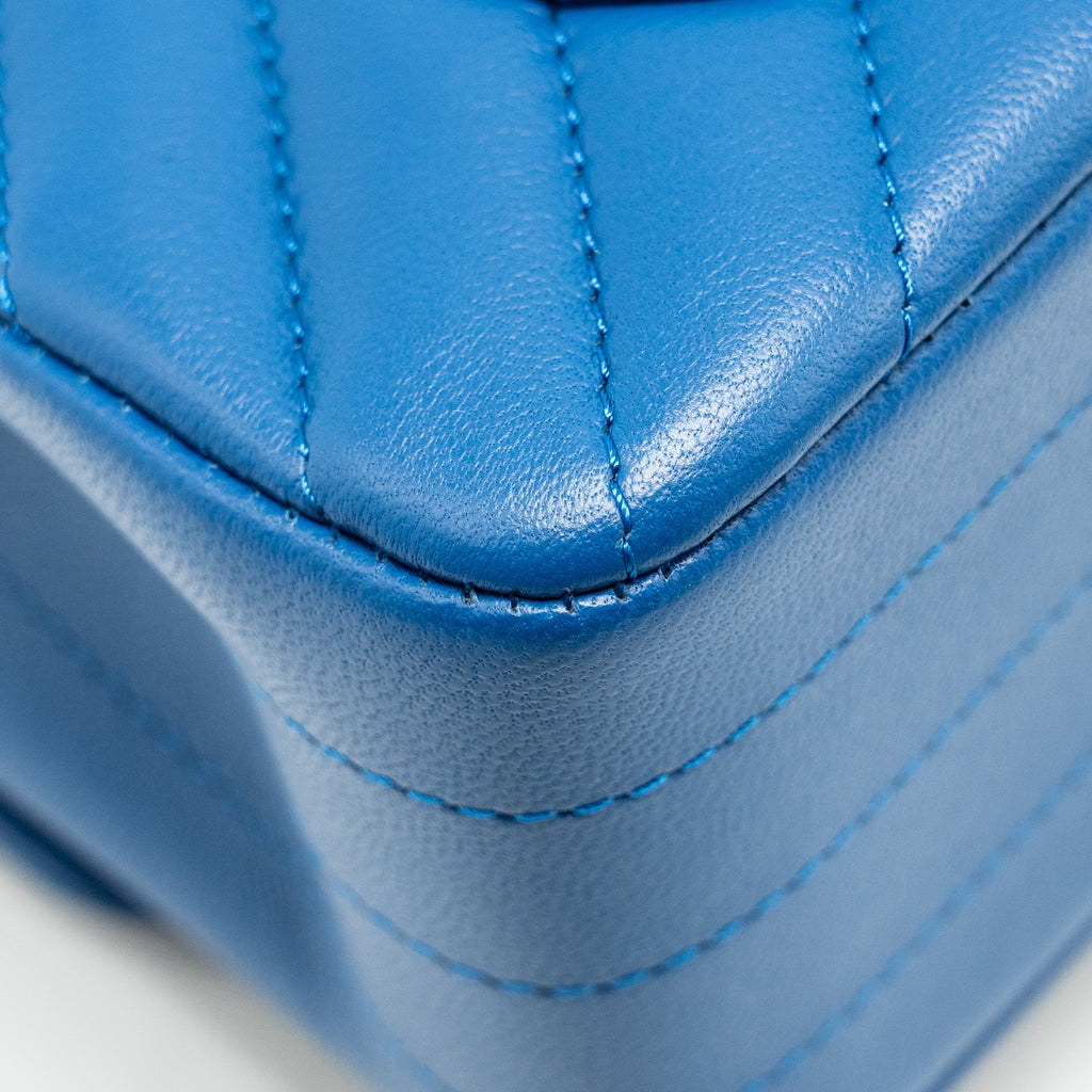CHANEL MINI RECTANGULAR FLAP BAG CHEVRON LAMBSKIN BLUE LGHW