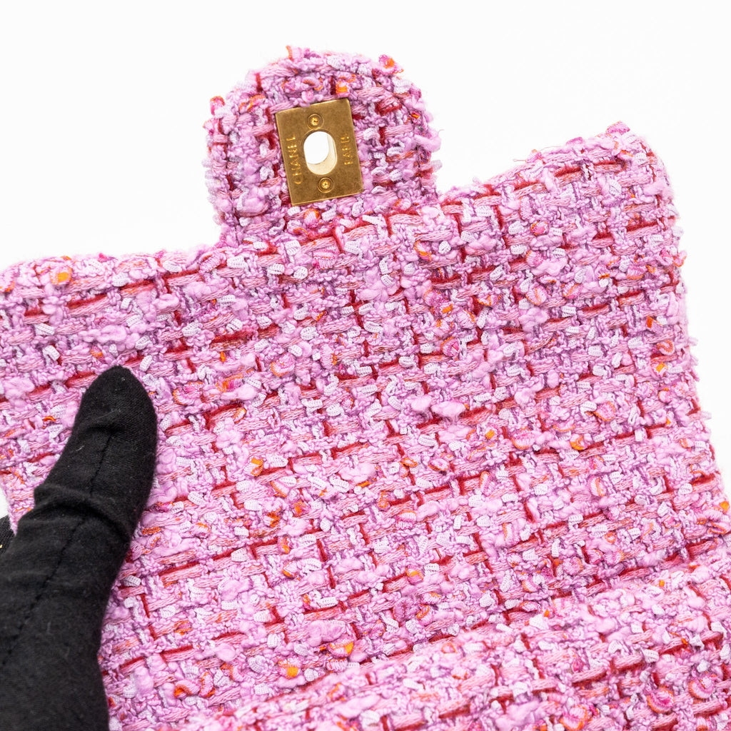 CHANEL 22P MINI SQUARE FLAP BAG TWEED PINK GHW (MICROCHIP)