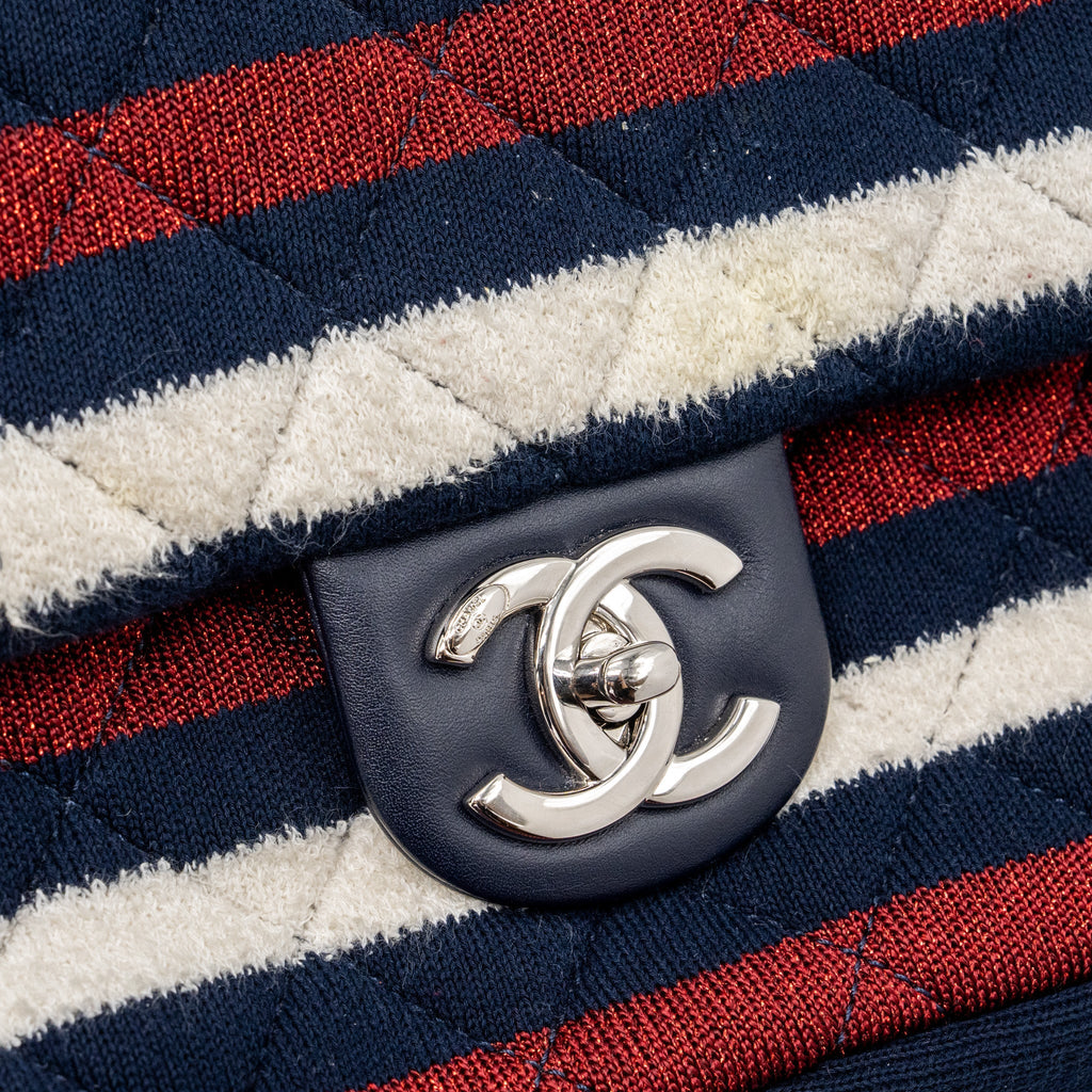CHANEL QUILTED FLAP BAG FABRIC MULTICOLOUR BLUE / RED / WHITE SHW