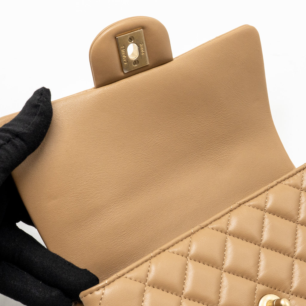 CHANEL TOP HANDLE MINI RECTANGULAR LAMBSKIN DARK BEIGE GHW (MICROCHIP)
