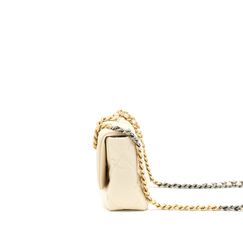 CHANEL SMALL 19 BAG 19K SHINY GOATSKIN BEIGE GHW