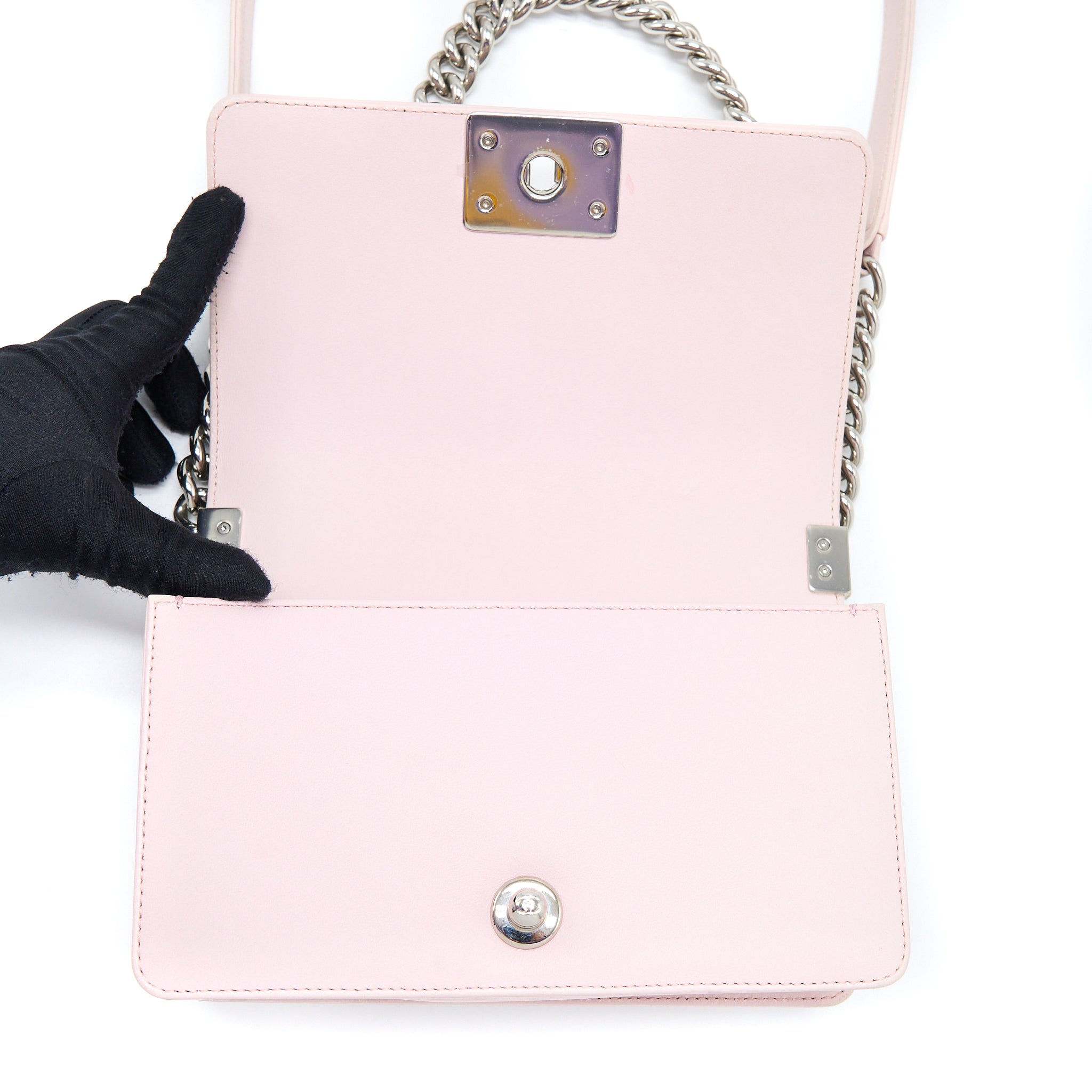 CHANEL CHEVRON SMALL BOY BAG LIMITED EDITION LAMBSKIN LIGHT PINK SHW