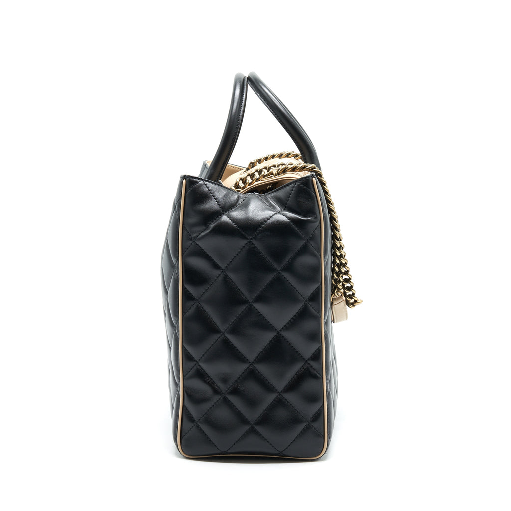 CHANEL CALFSKIN LEATHER SHOPPING BAG BLACK/BEIGE