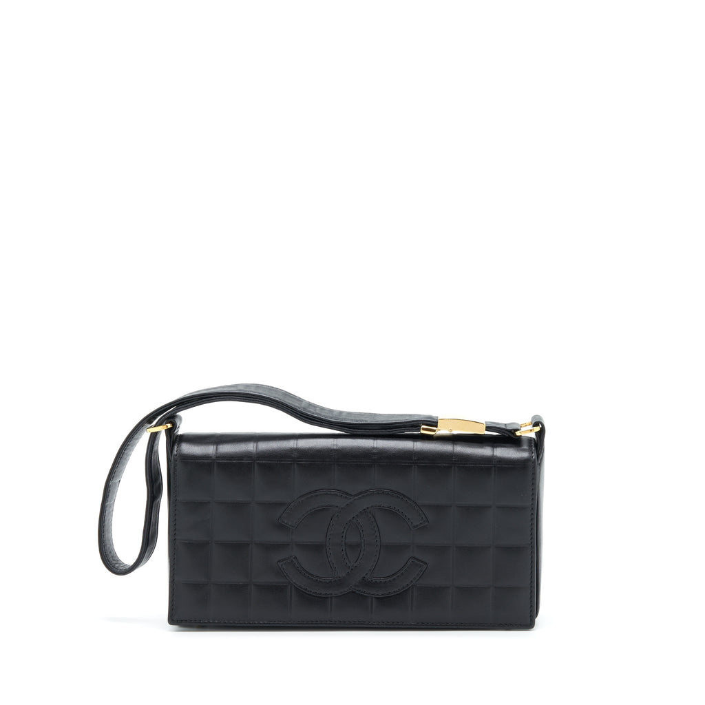 CHANEL VINTAGE CHOCOLATE BAR FLAP SHOULDER BAG LAMBSKIN BLACK GHW