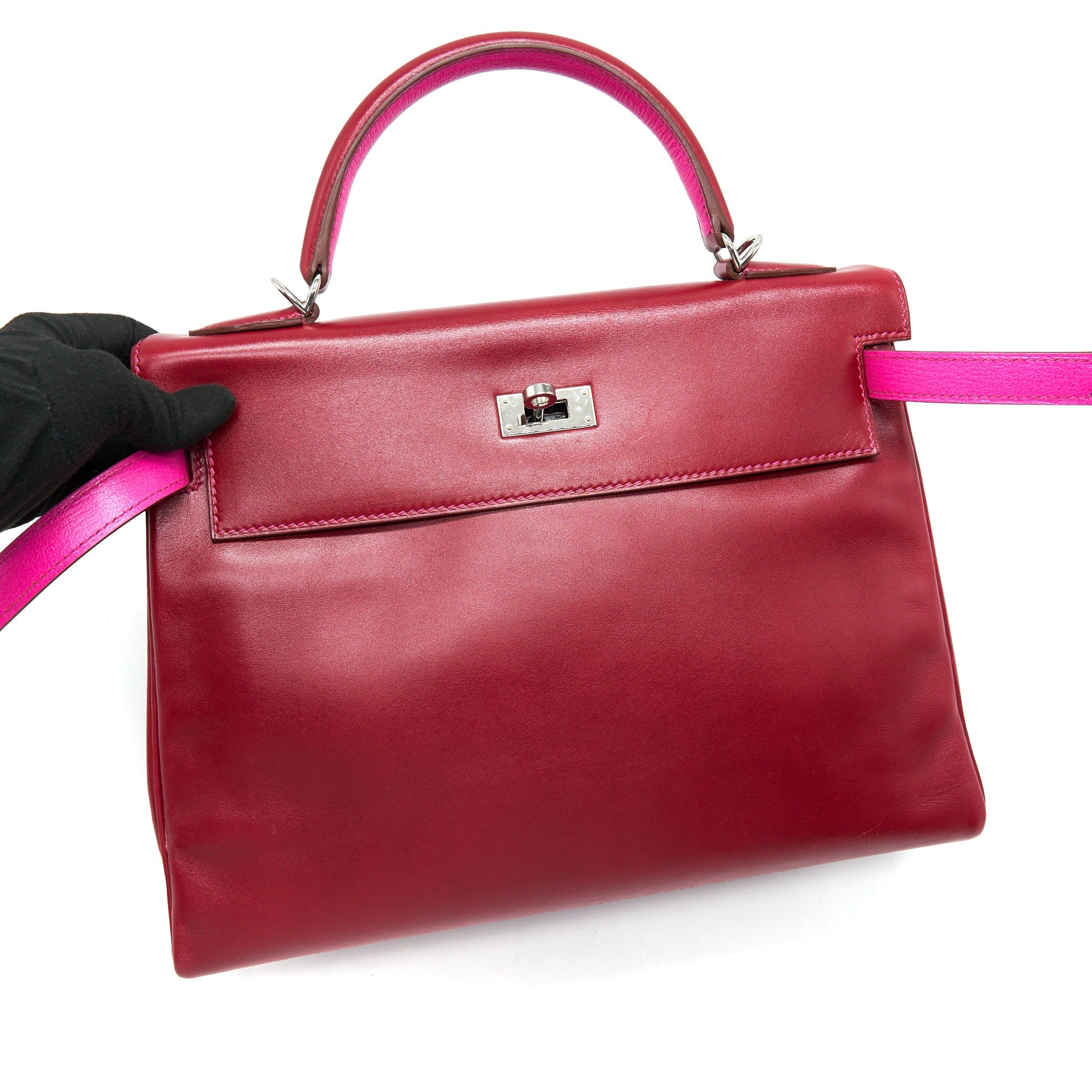 HERMES KELLY 32 BOX LEATHER RED/ PINK SHW