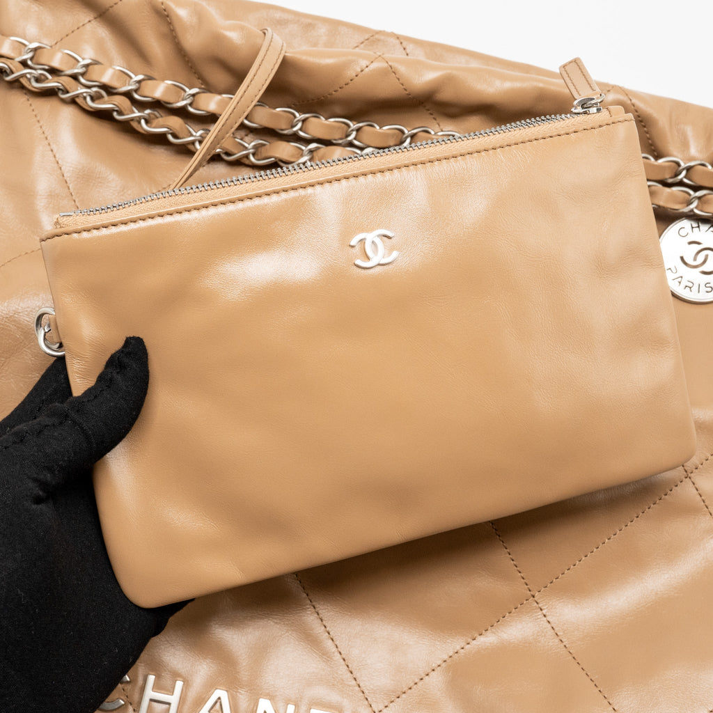 CHANEL LARGE 22 BAG SHINY CALFSKIN DARK BEIGE SHW (MICROCHIP)