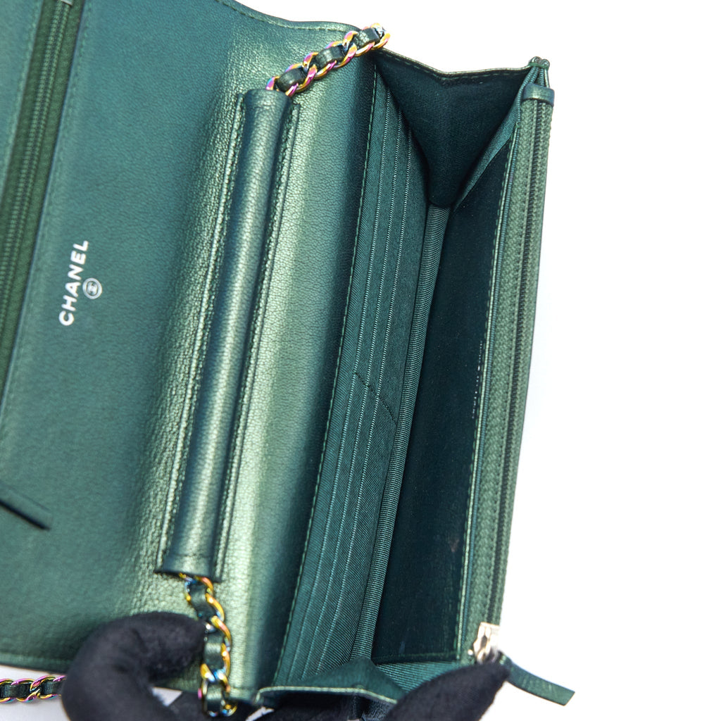 CHANEL CLASSIC WALLET ON CHAIN GOATSKIN IRIDESCENT GREEN RAINBOW HARDWARE