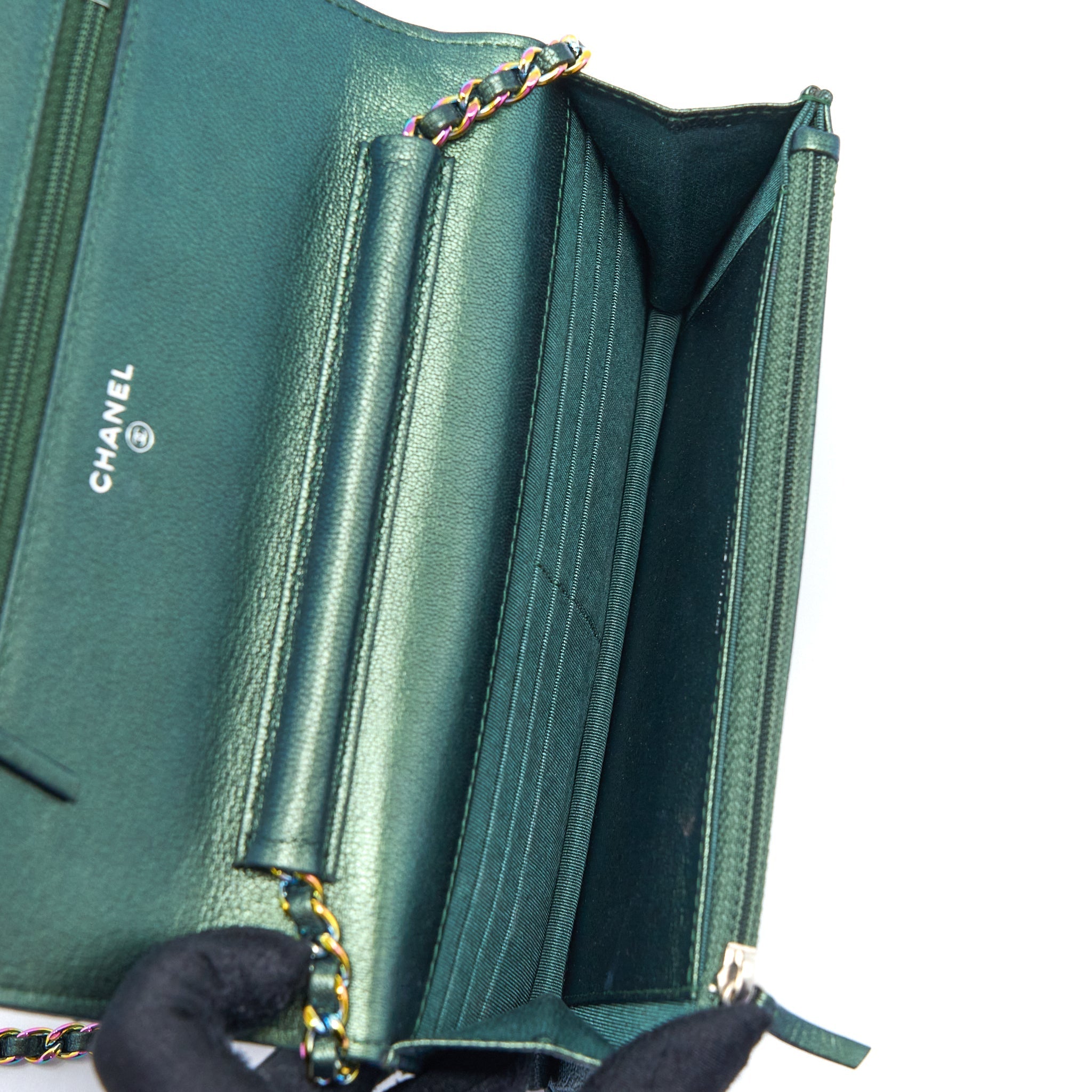 CHANEL CLASSIC WALLET ON CHAIN GOATSKIN IRIDESCENT GREEN RAINBOW HARDWARE