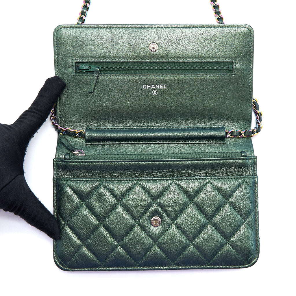 CHANEL CLASSIC WALLET ON CHAIN GOATSKIN IRIDESCENT GREEN RAINBOW HARDWARE