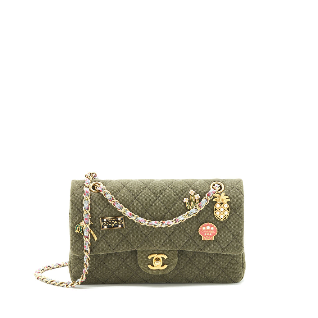 CHANEL CUBA CHARMS CLASSIC DOUBLE FLAP BAG CANVAS GREEN GHW