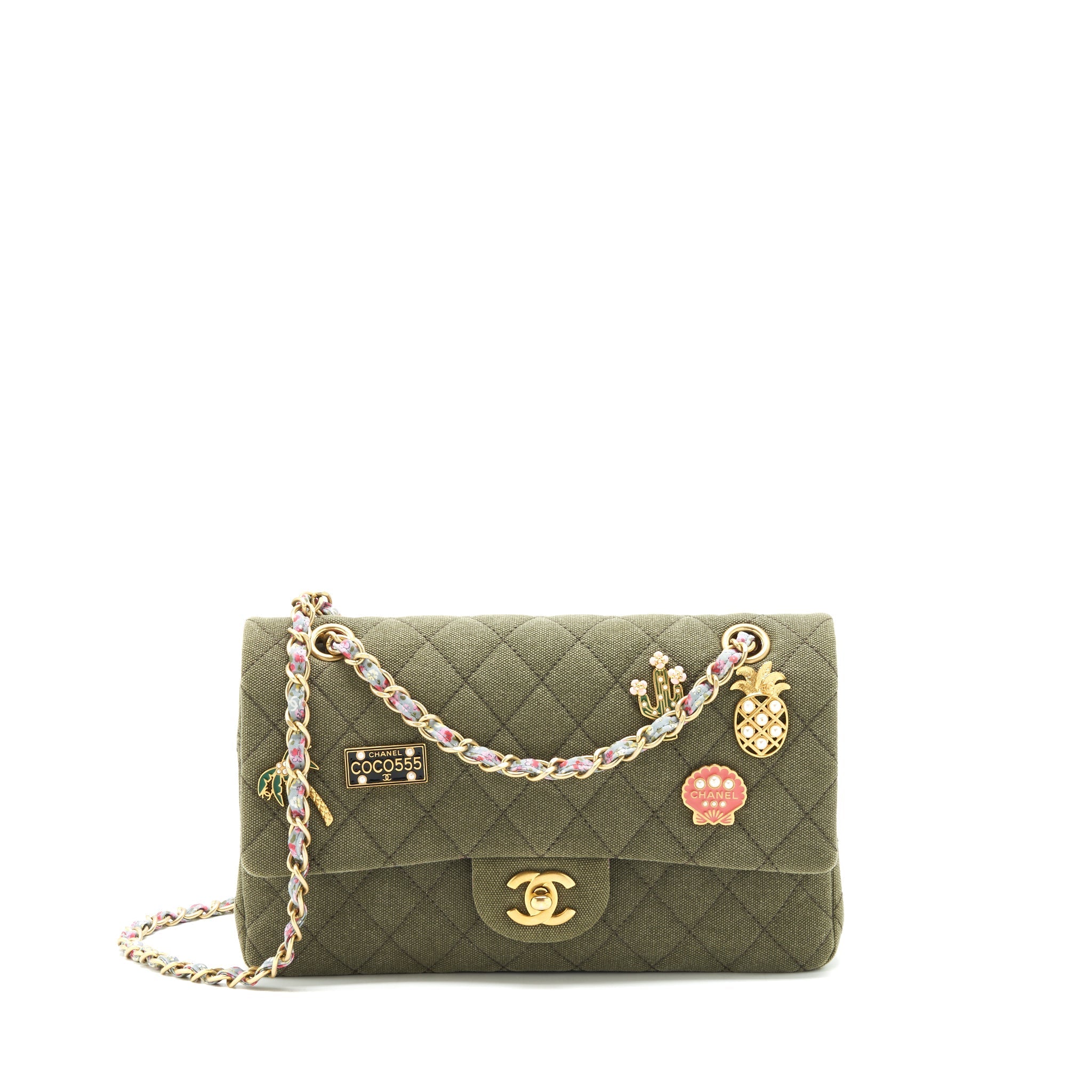 CHANEL CUBA CHARMS CLASSIC DOUBLE FLAP BAG CANVAS GREEN GHW