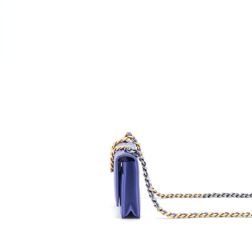 CHANEL 19 WALLET ON CHAIN LAMBSKIN PURPLE WITH GOLD/SILVER HARDWARE