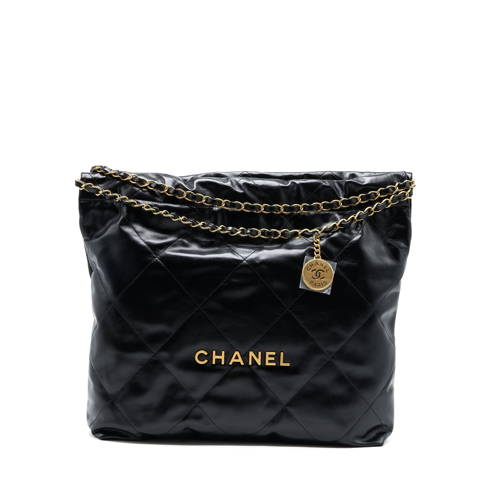 CHANEL MEDIUM 22 BAG GOLD LETTER SHINY CALFSKIN BLACK GHW (MICROCHIP)
